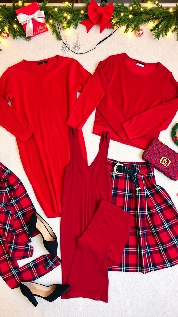 Stylish Christmas Outfits for a Festive Night Out Flat lay of Christmas outfits with festive accessories and decorations.